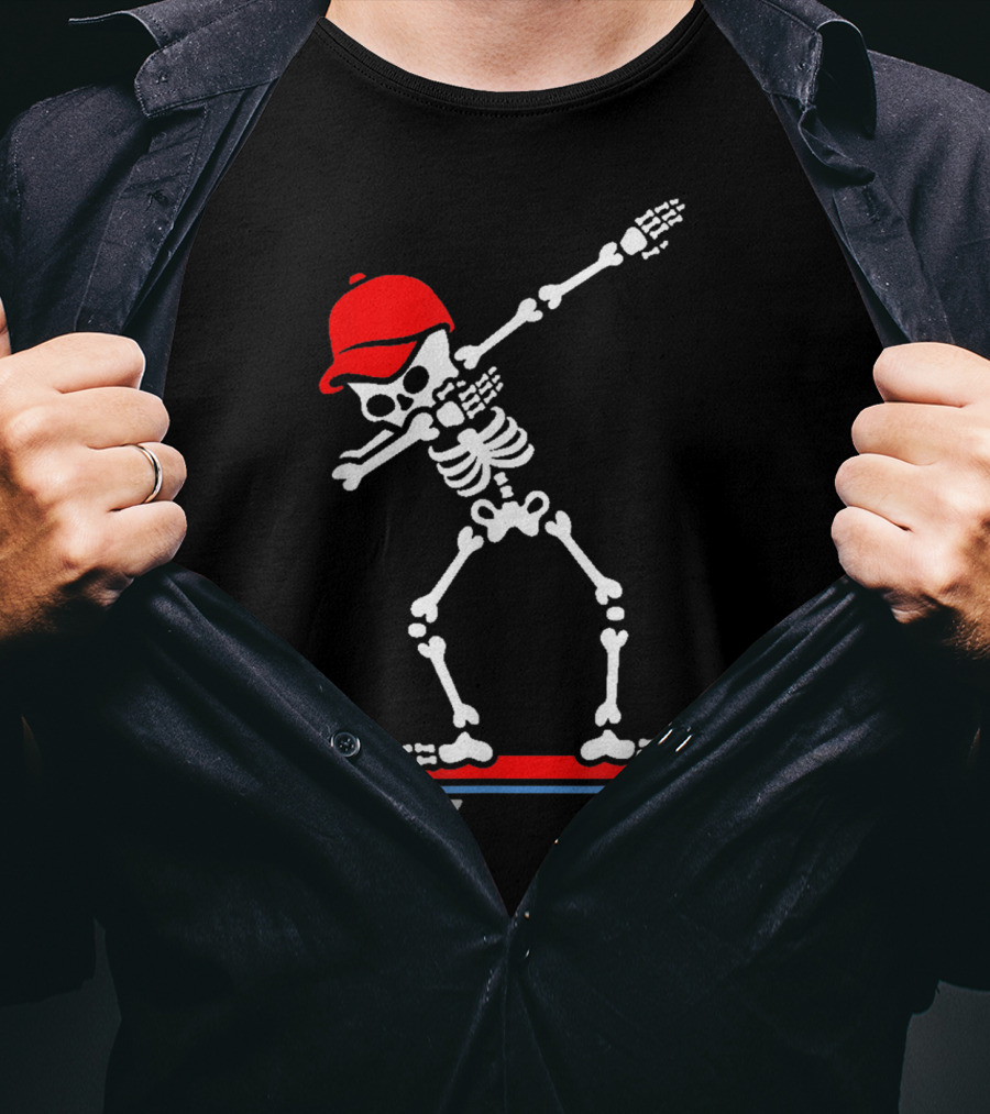 Dabbing Skeleton In Red Cap On Skateboard T-Shirt