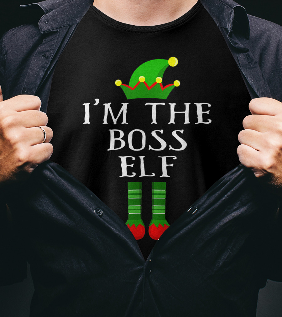 I'm The Boss Elf Christmas Humor Green Hat Striped Socks Red Shoes T-Shirt