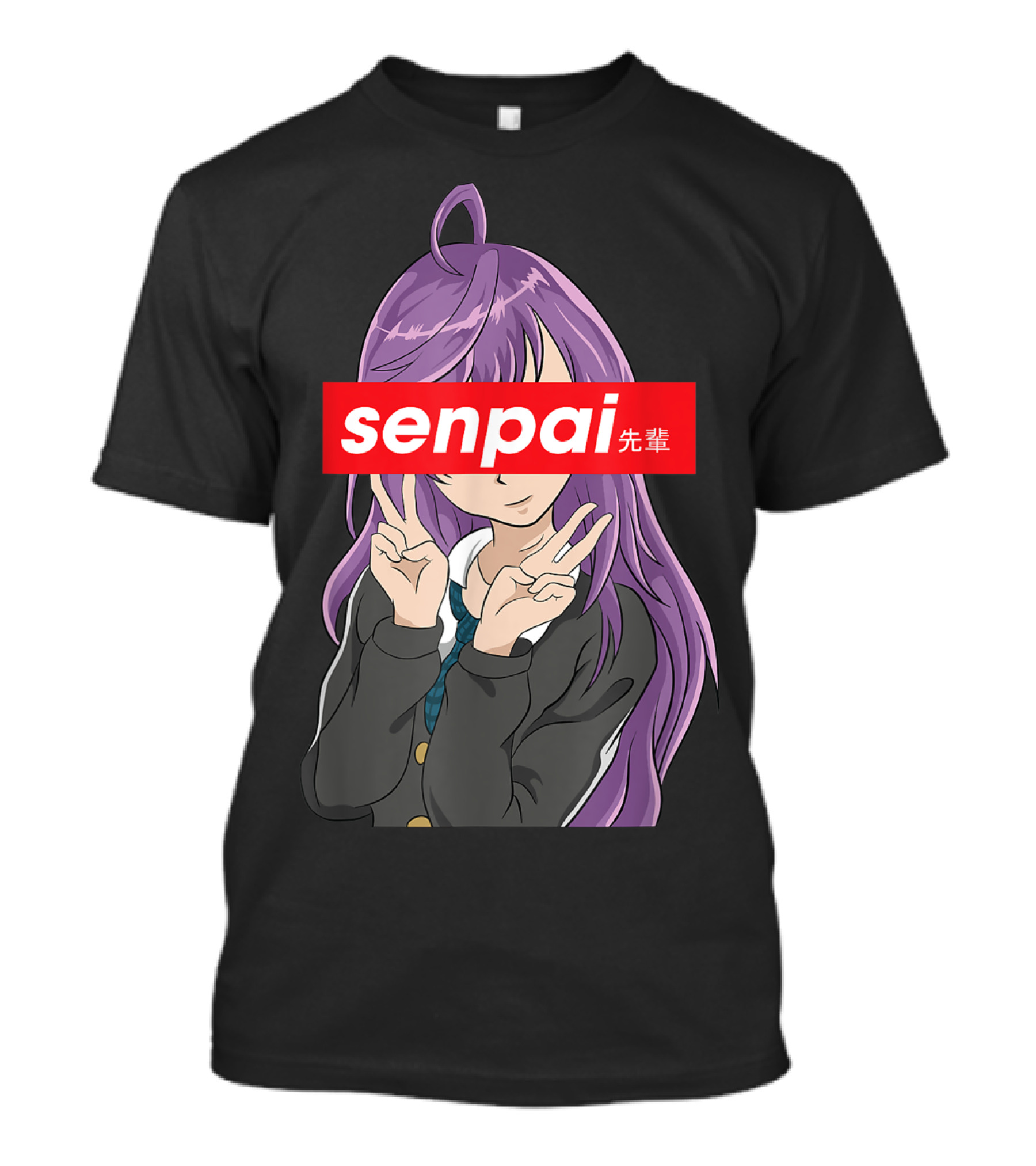 Japanese Anime Girl Senpai Purple Hair Peace Sign T-Shirt