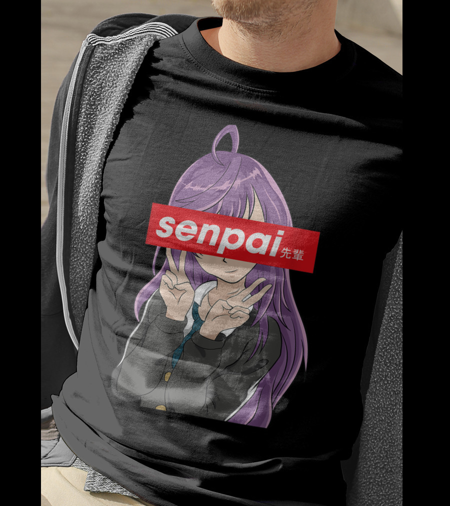 Japanese Anime Girl Senpai Purple Hair Peace Sign T-Shirt