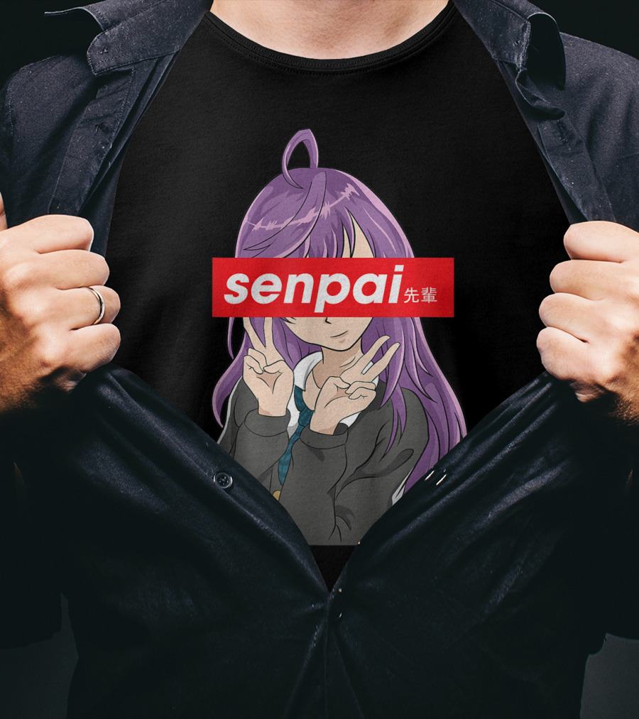 Japanese Anime Girl Senpai Purple Hair Peace Sign T-Shirt