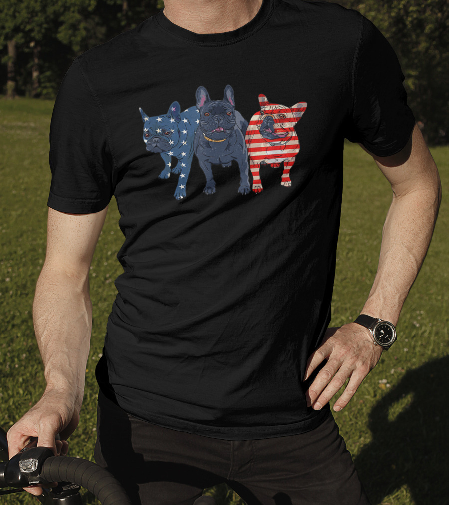3 Frenchie Bulldog American Flag Stars Stripes July Patriot T-Shirt