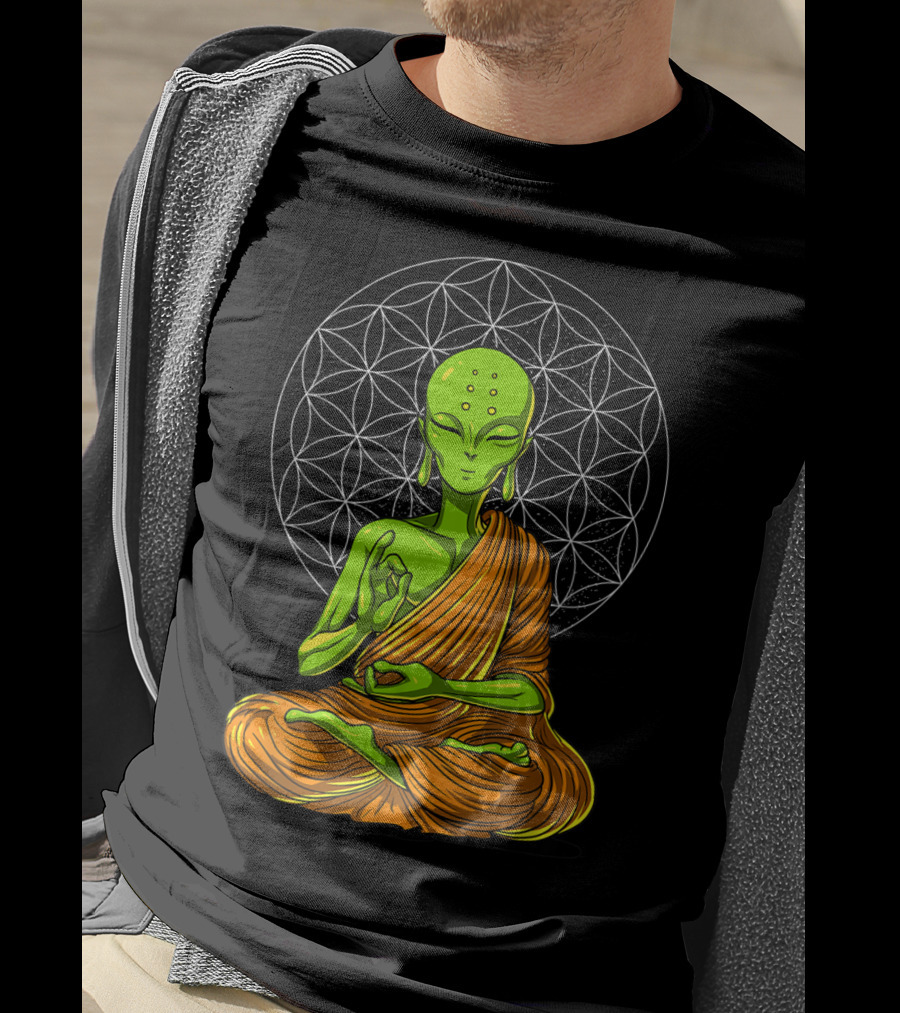 Alien Yoga Meditation Zen Namaste Buddha With Mandala Background T-Shirt