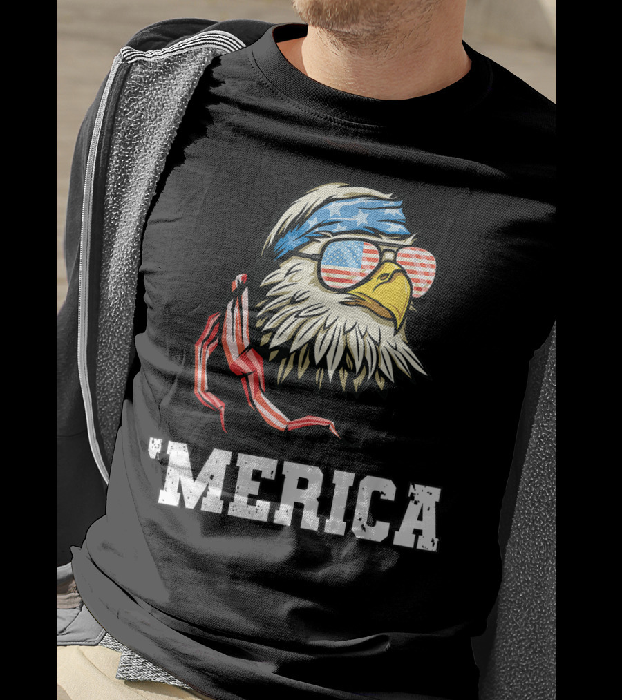'Merica Bald Eagle USA Flag Bandana And Sunglasses T-Shirt