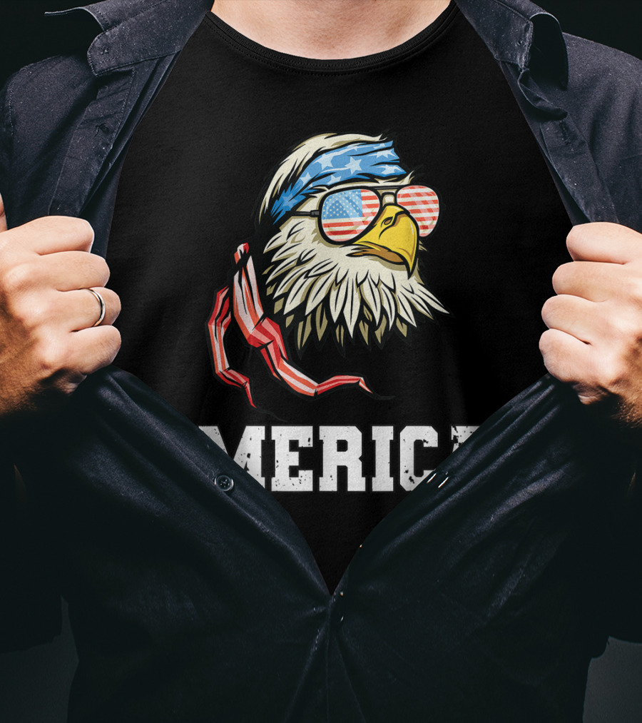 'Merica Bald Eagle USA Flag Bandana And Sunglasses T-Shirt
