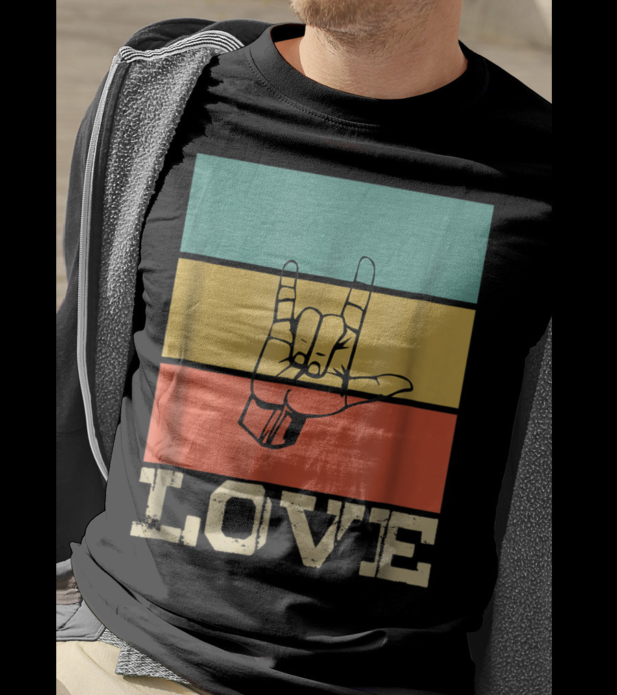ASL Love Vintage Hand Sign Retro Color Blocks T-Shirt