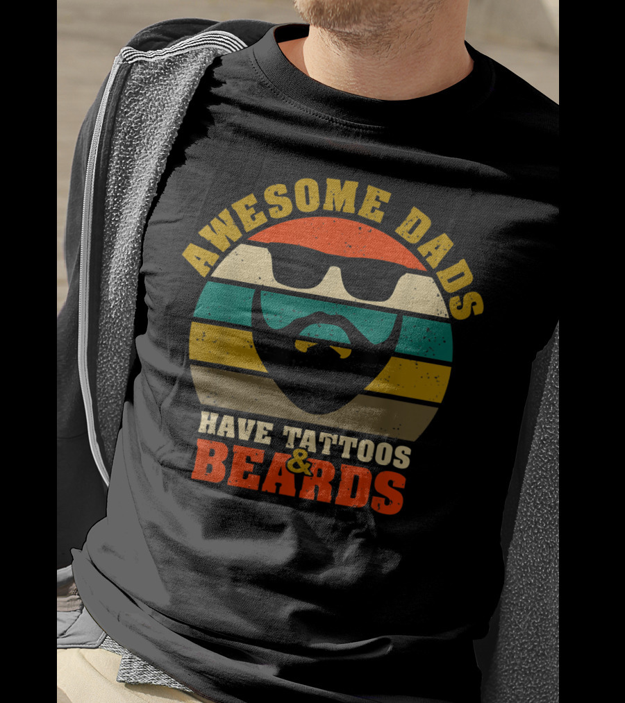 Awesome Dads Have Tattoos And Beards Retro Stripes Beard Sunglasses T-Shirt