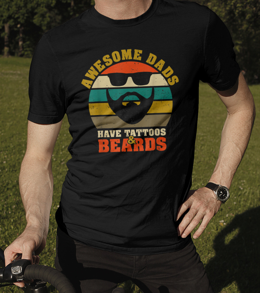 Awesome Dads Have Tattoos And Beards Retro Stripes Beard Sunglasses T-Shirt