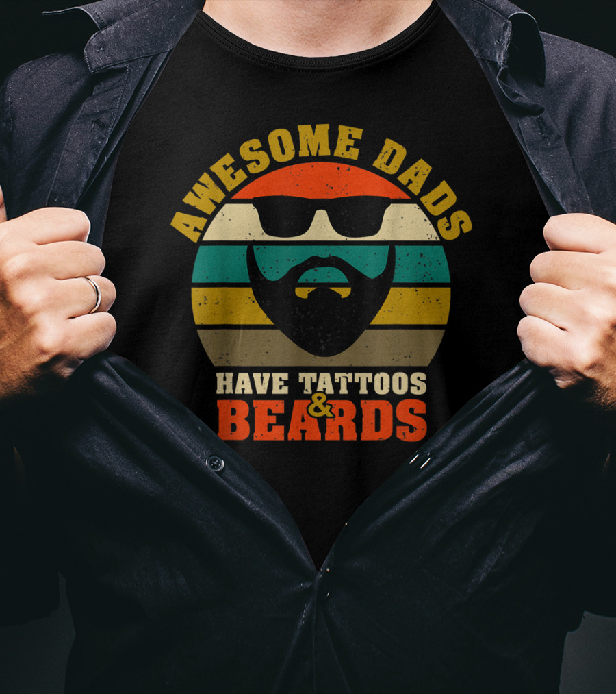 Awesome Dads Have Tattoos And Beards Retro Stripes Beard Sunglasses T-Shirt
