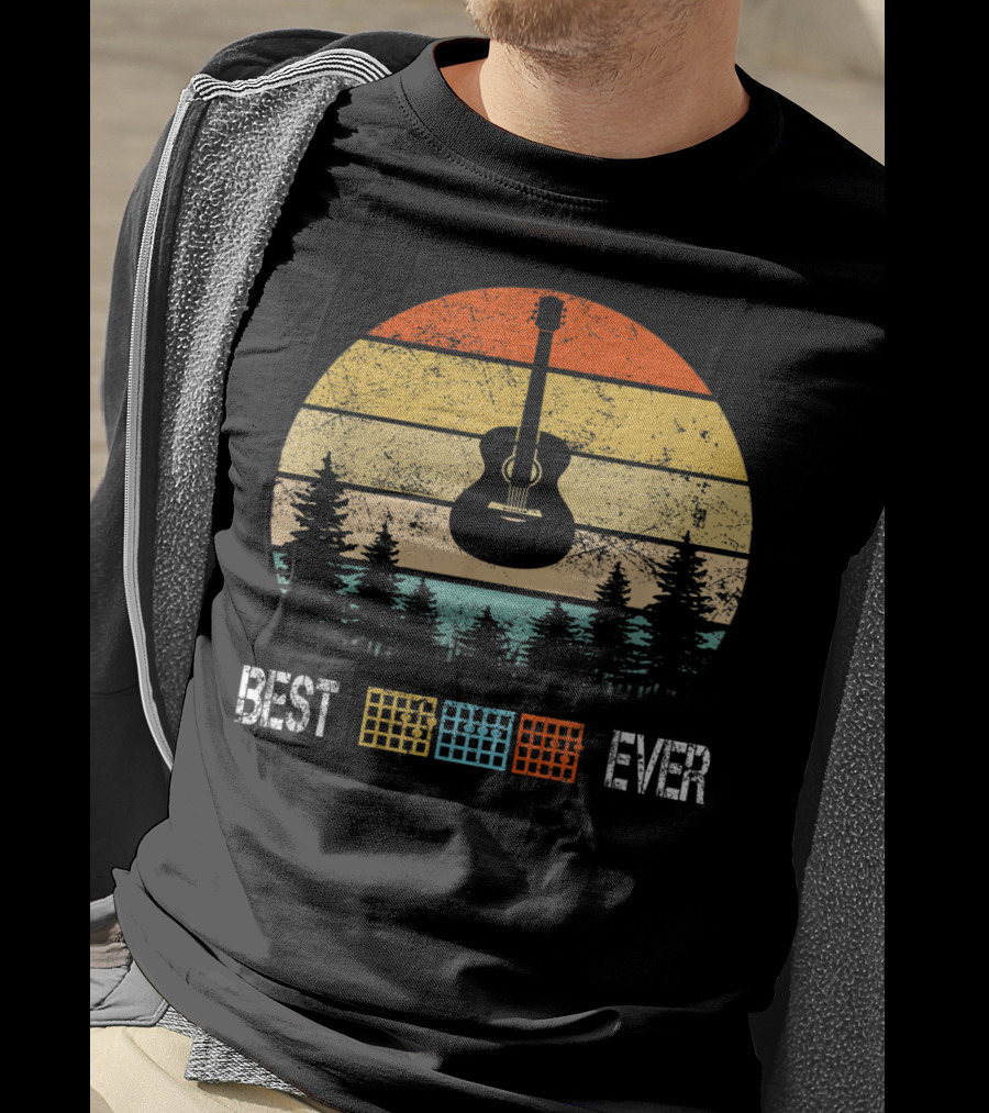 Best Guitar Chords Dad Ever Retro Sunset Forest T-Shirt