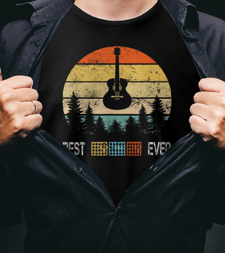 Best Guitar Chords Dad Ever Retro Sunset Forest T-Shirt