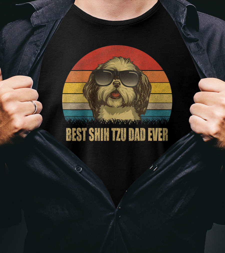 Best Shih Tzu Dad Ever Retro Sunset Sunglasses Dog T-Shirt