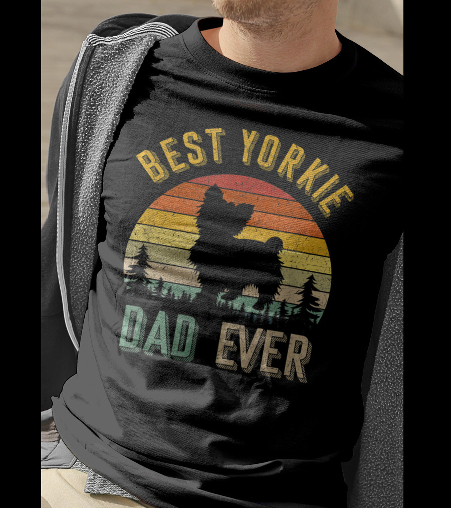 Best Yorkie Dad Ever Vintage 70s Retro Sunset Silhouette Pines T-Shirt