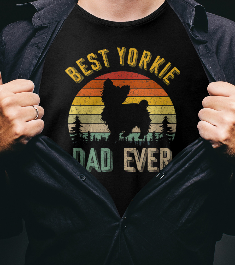 Best Yorkie Dad Ever Vintage 70s Retro Sunset Silhouette Pines T-Shirt