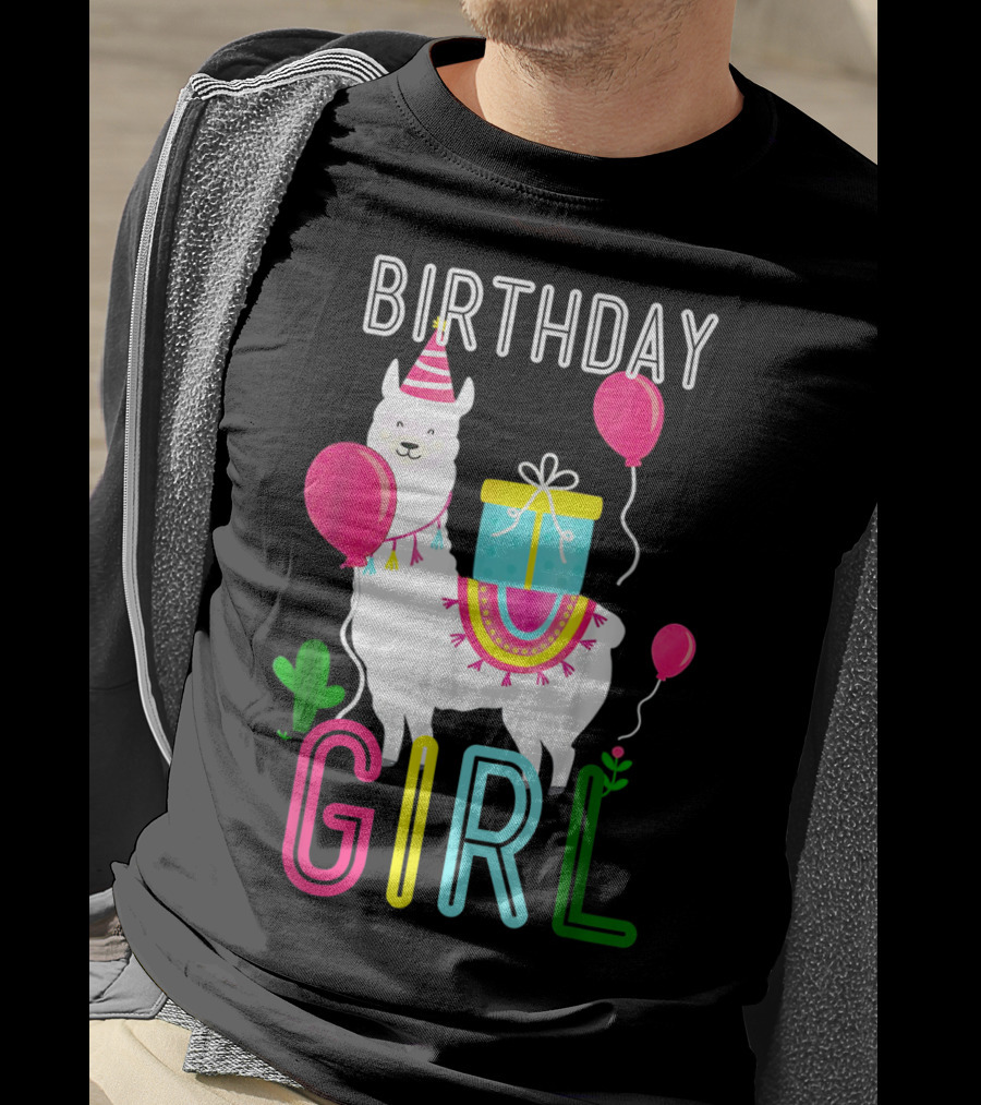 Birthday Girl Llama Cool Cute Alpaca With Balloons And Present T-Shirt