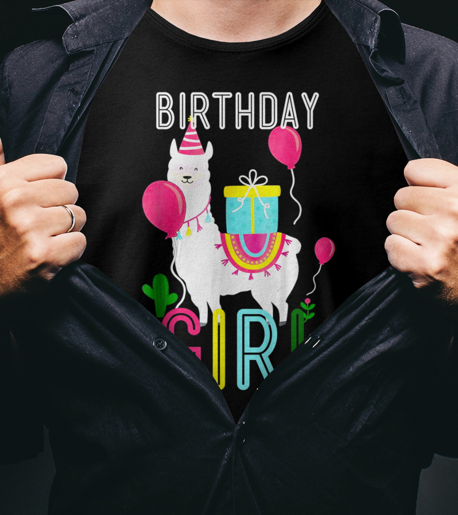 Birthday Girl Llama Cool Cute Alpaca With Balloons And Present T-Shirt