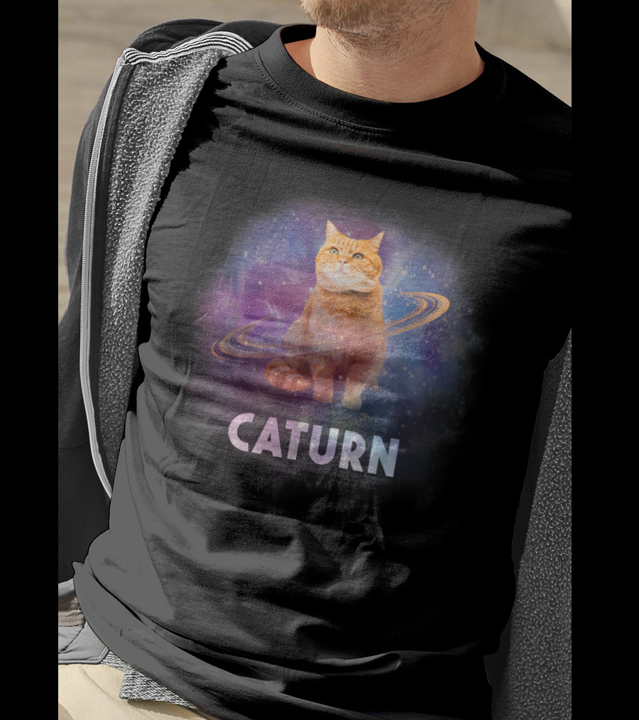 Caturn Cosmic Feline In Galaxy T-Shirt