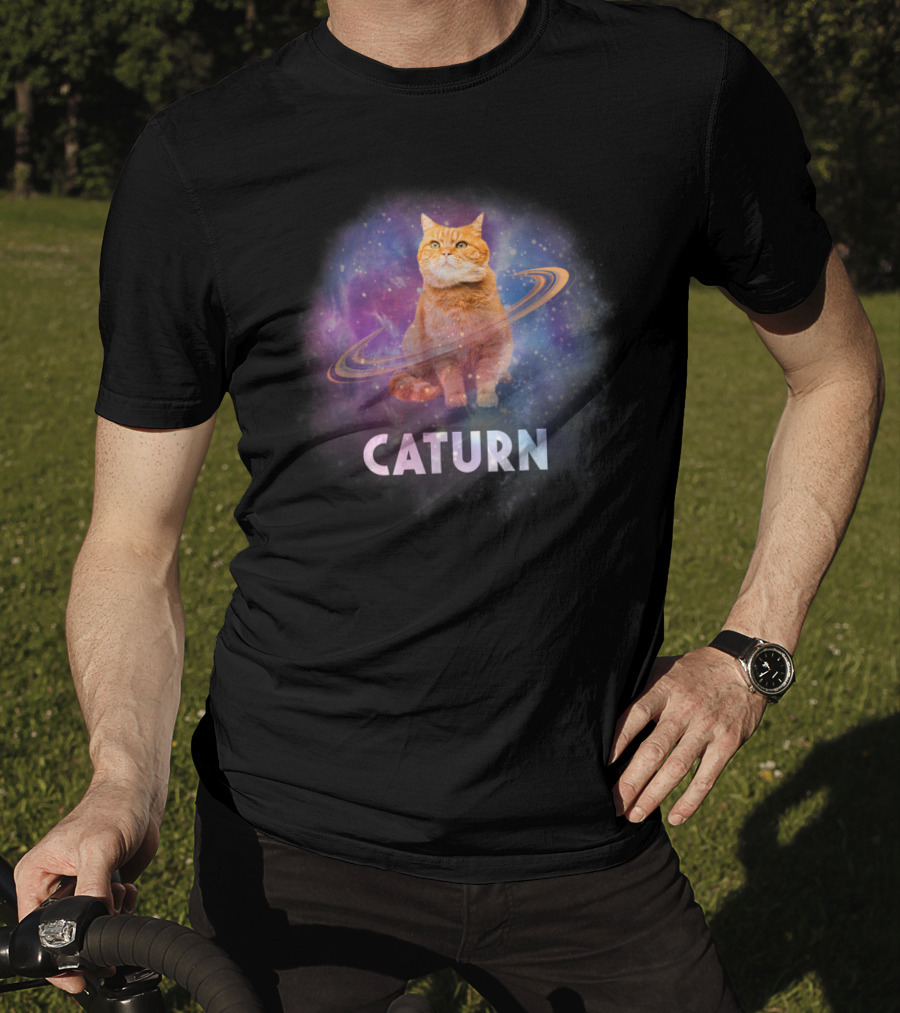 Caturn Cosmic Feline In Galaxy T-Shirt