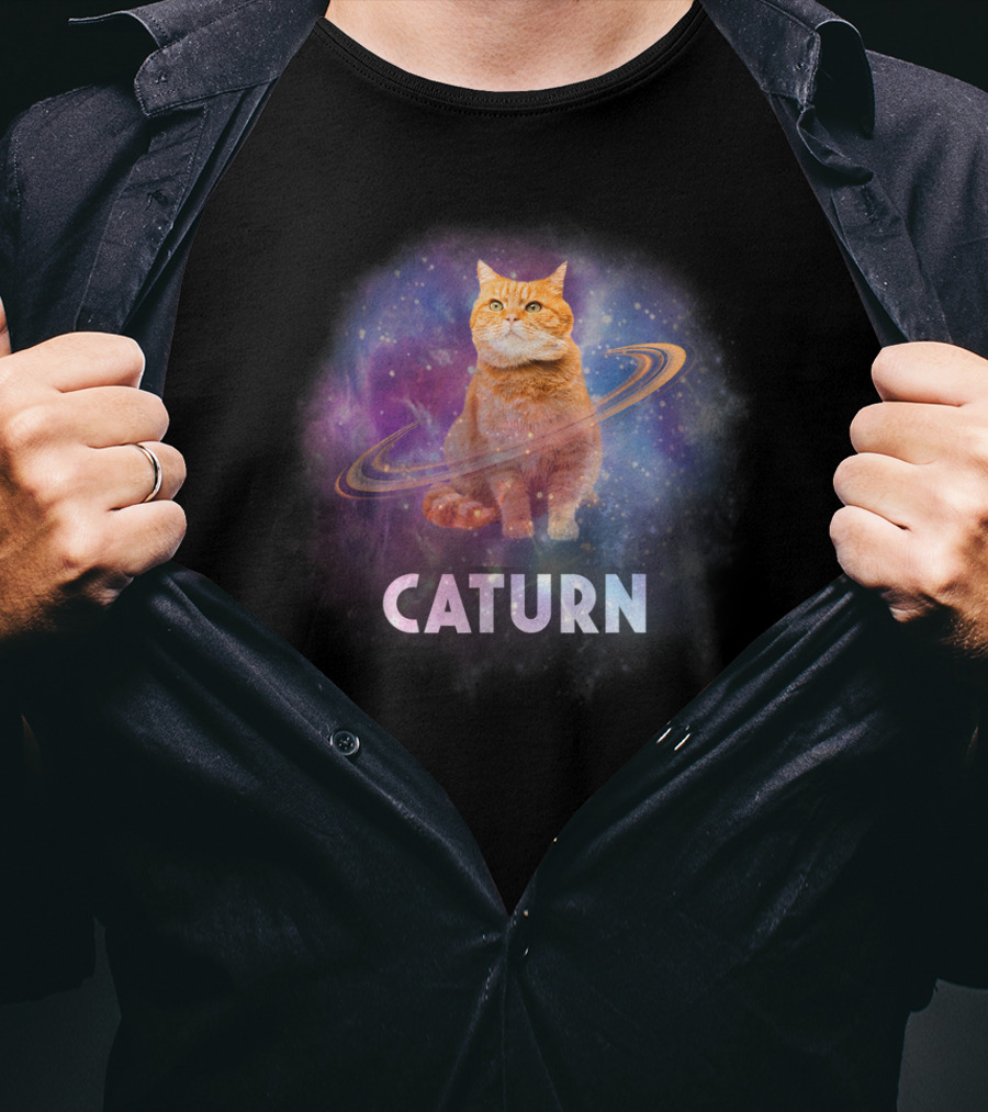 Caturn Cosmic Feline In Galaxy T-Shirt