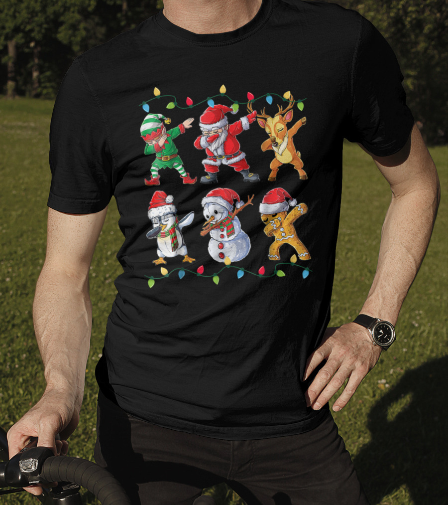 Dabbing Santa Elf Reindeer Penguin Snowman Gingerbread Christmas Lights T-Shirt