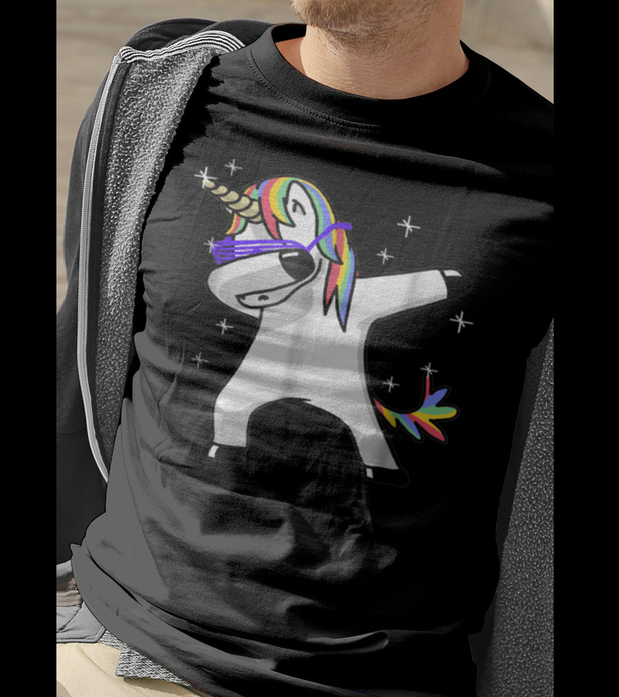 Rainbow Dabbing Unicorn With Sunglasses And Stars T-Shirt