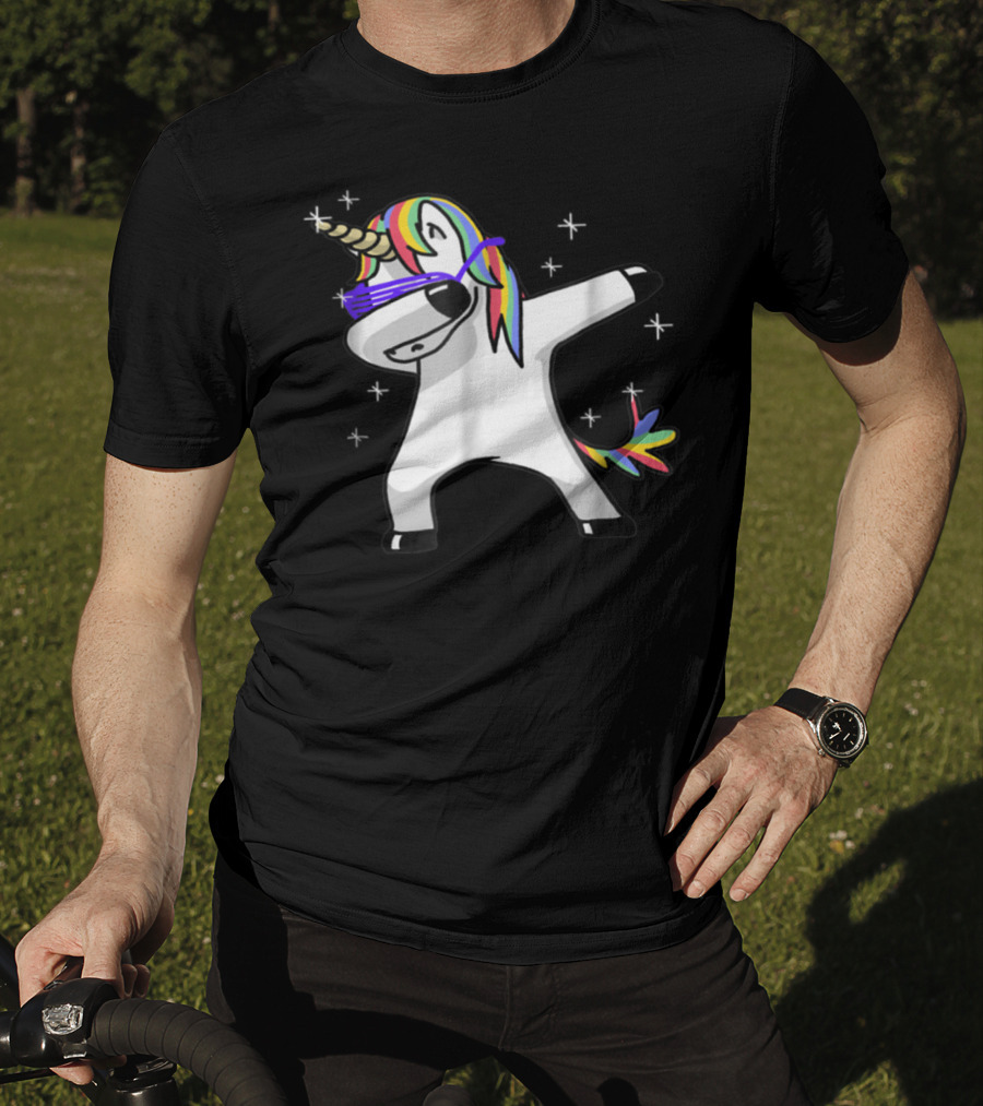 Rainbow Dabbing Unicorn With Sunglasses And Stars T-Shirt