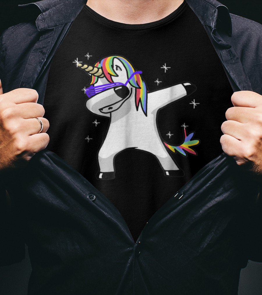 Rainbow Dabbing Unicorn With Sunglasses And Stars T-Shirt