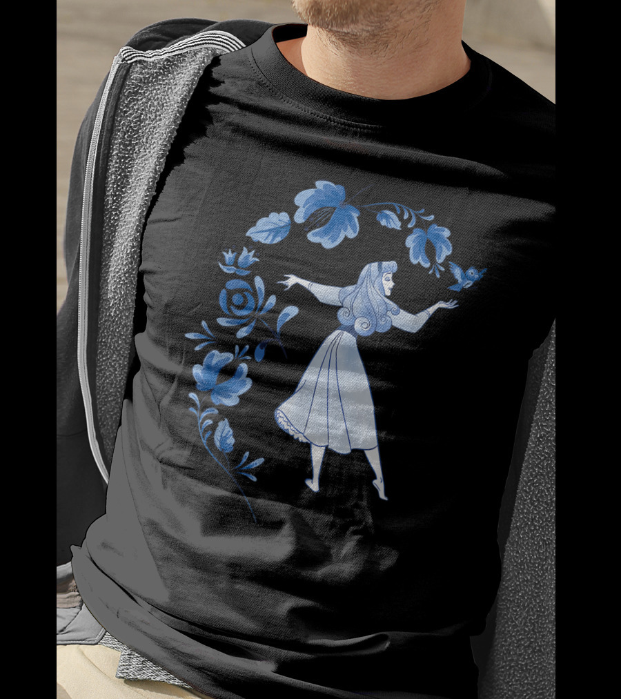Disney Sleeping Beauty Princess Aurora With Blue Flowers And Bird T-Shirt
