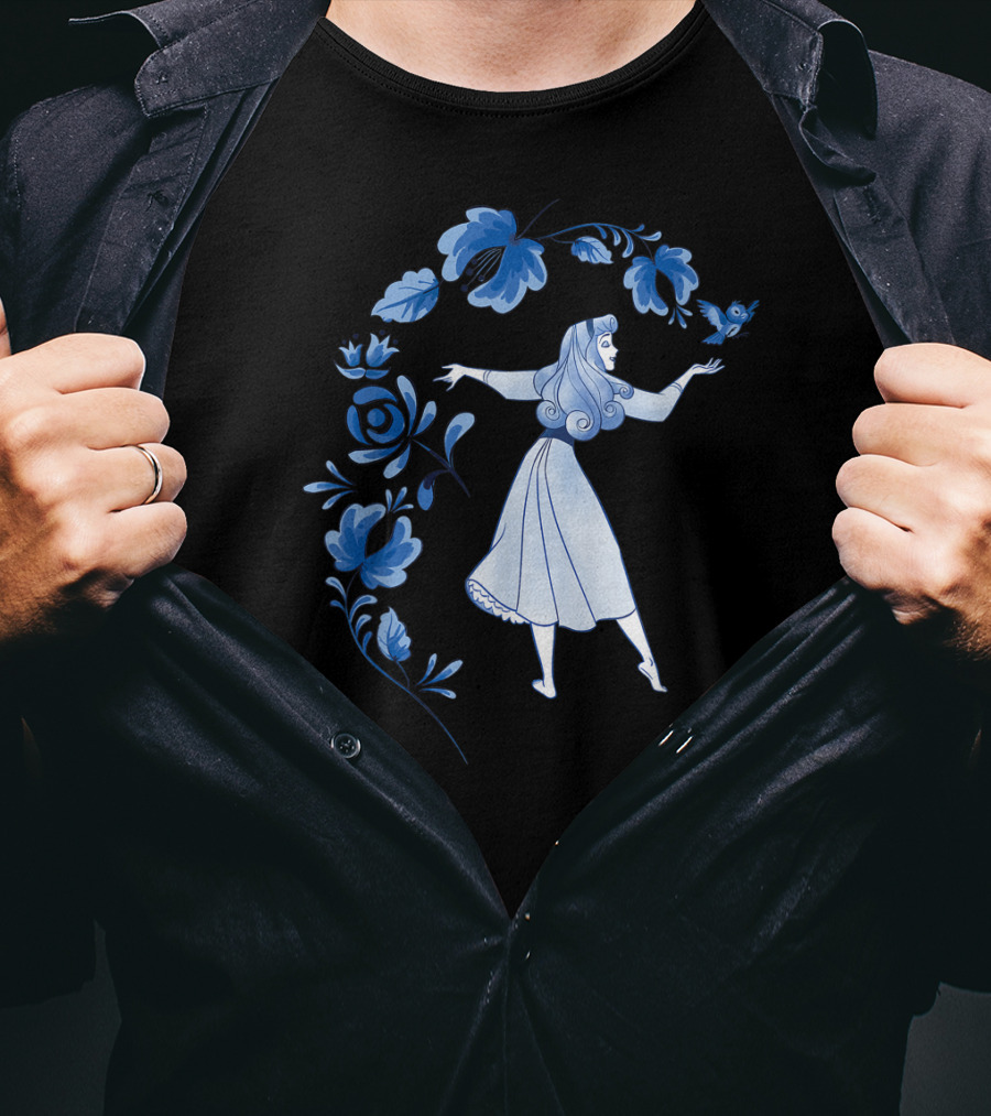 Disney Sleeping Beauty Princess Aurora With Blue Flowers And Bird T-Shirt