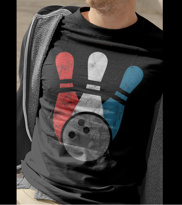 Distressed Red White Blue Bowling Pins With Bowling Ball T-Shirt