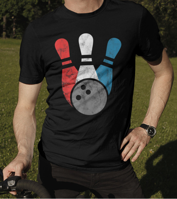 Distressed Red White Blue Bowling Pins With Bowling Ball T-Shirt
