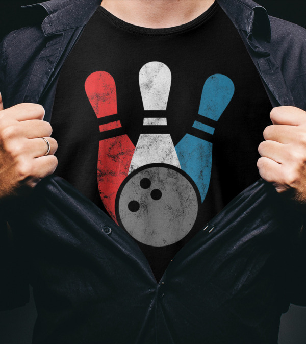 Distressed Red White Blue Bowling Pins With Bowling Ball T-Shirt