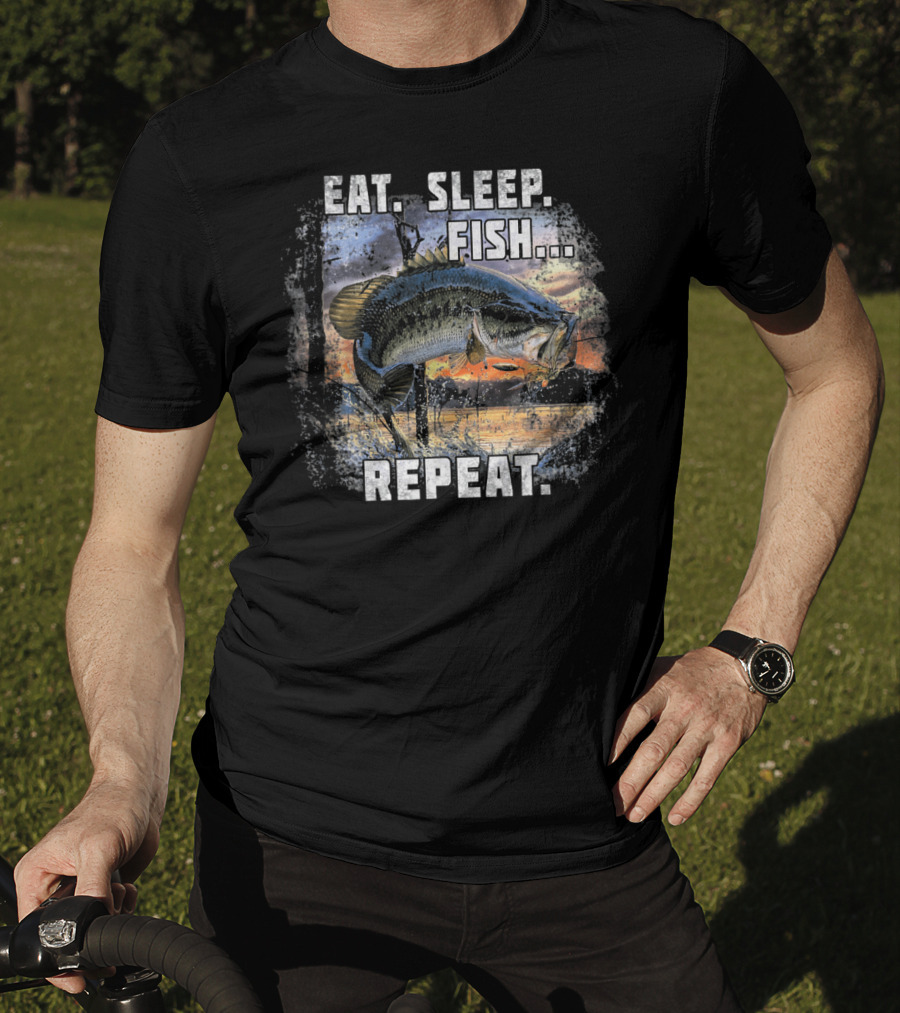 Eat Sleep Fish Repeat Bass Fishing Adventure Lake Sunrise T-Shirt