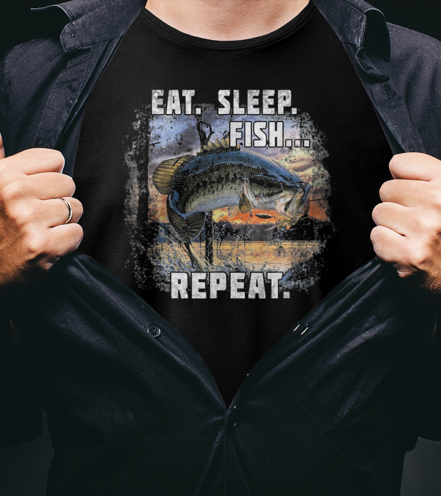 Eat Sleep Fish Repeat Bass Fishing Adventure Lake Sunrise T-Shirt