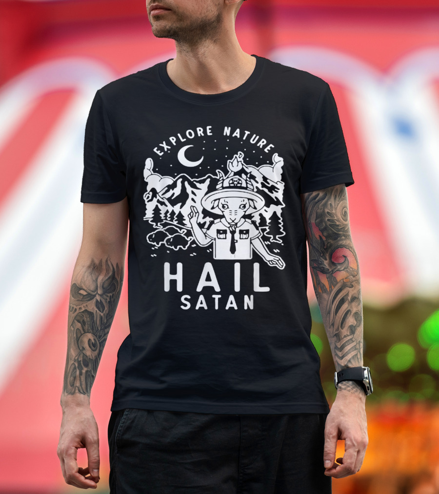 EXPLORE NATURE HAIL SATAN BAPHOMET SCOUT IN MOUNTAIN LANDSCAPE WITH NIGHT SKY T-Shirt