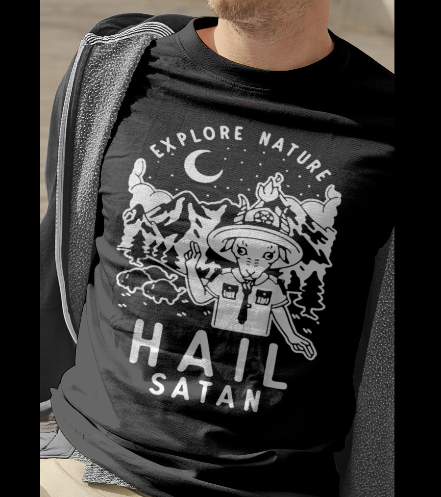 Explore Nature Hail Satan Baphomet Scout IN Mountain Landscape With Night Sky T-Shirt
