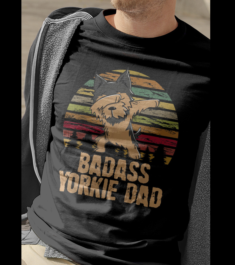 Badass Yorkie Dad Dabbing Vintage Sunset T-Shirt