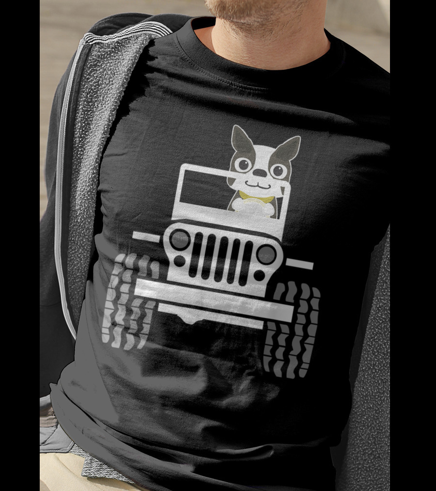 Funny Boston Terrier Dog In Jeep Dad T-Shirt