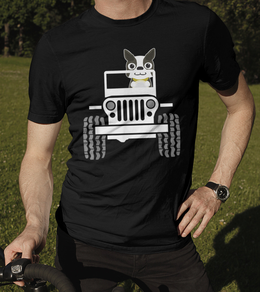 Funny Boston Terrier Dog In Jeep Dad T-Shirt