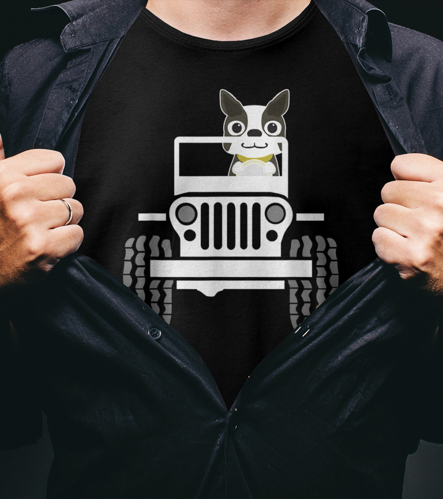 Funny Boston Terrier Dog In Jeep Dad T-Shirt