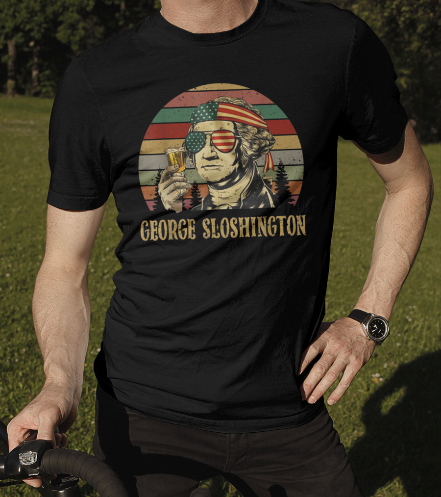 George Sloshington Retro Patriotic George Washington With American Flag Bandana And Sunglasses T-Shirt