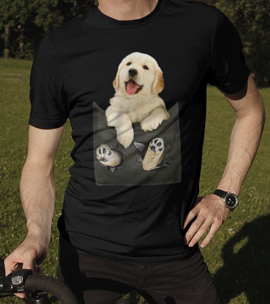 Golden Retriever Puppy Peeking From Pocket T-Shirt