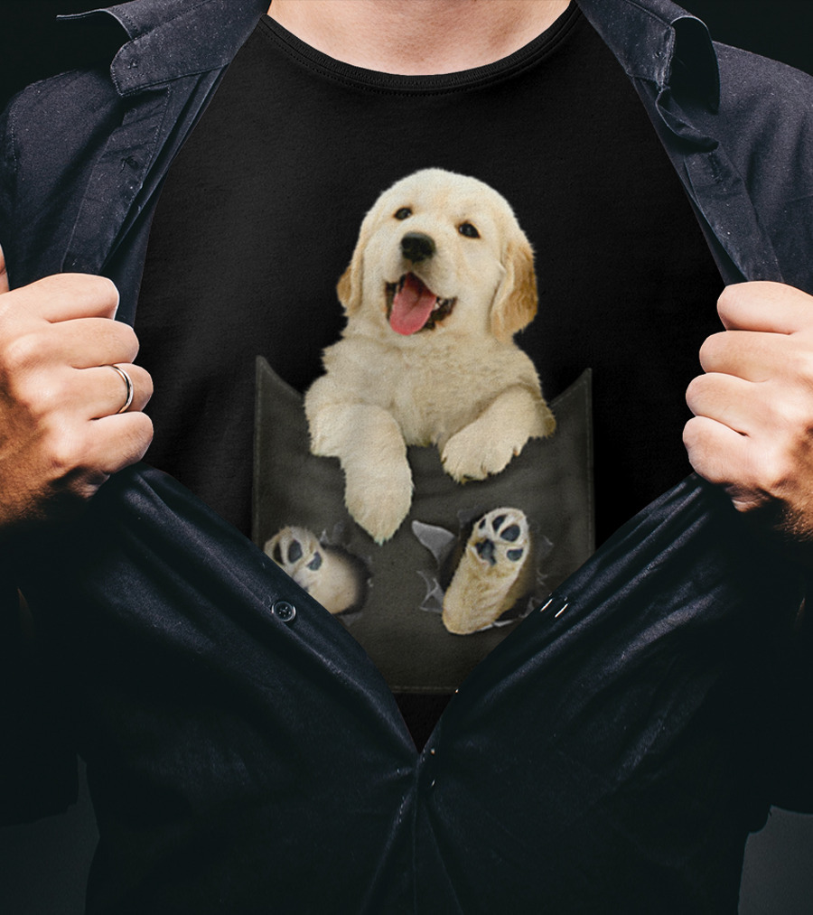 Golden Retriever Puppy Peeking From Pocket T-Shirt