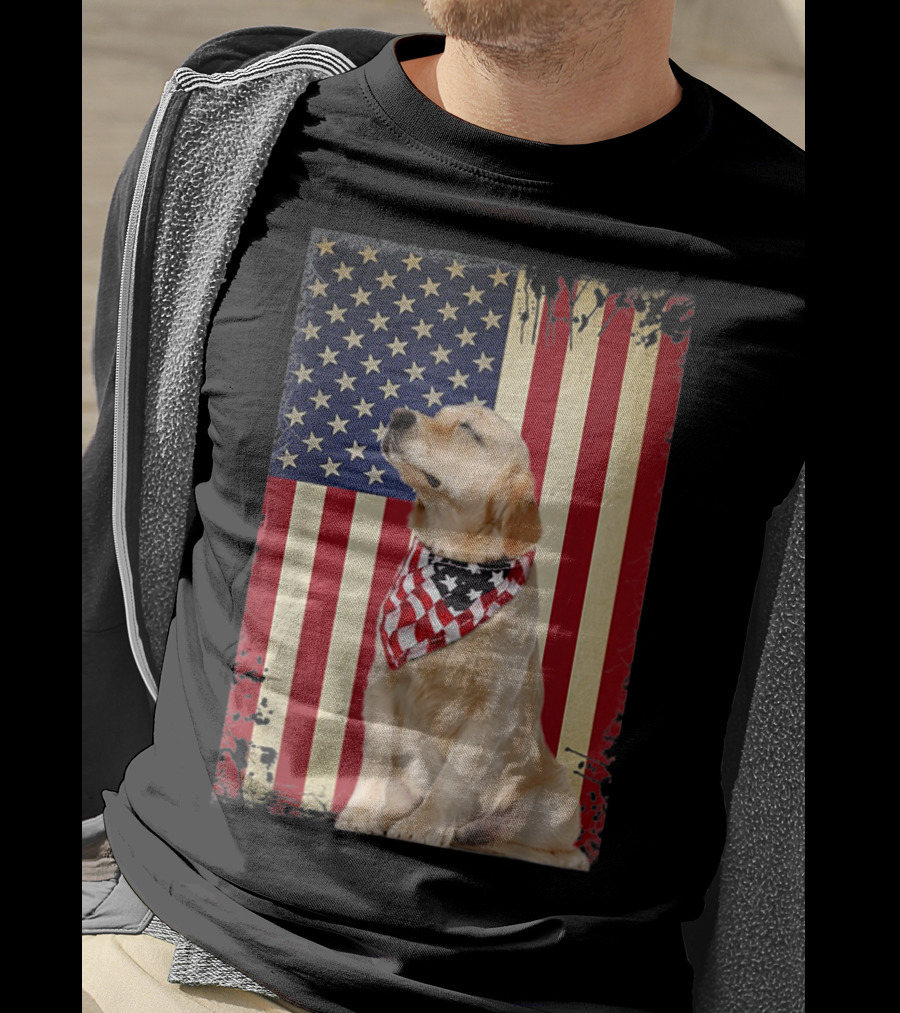 Golden Retriever Smiling American Flag Bandana T-Shirt