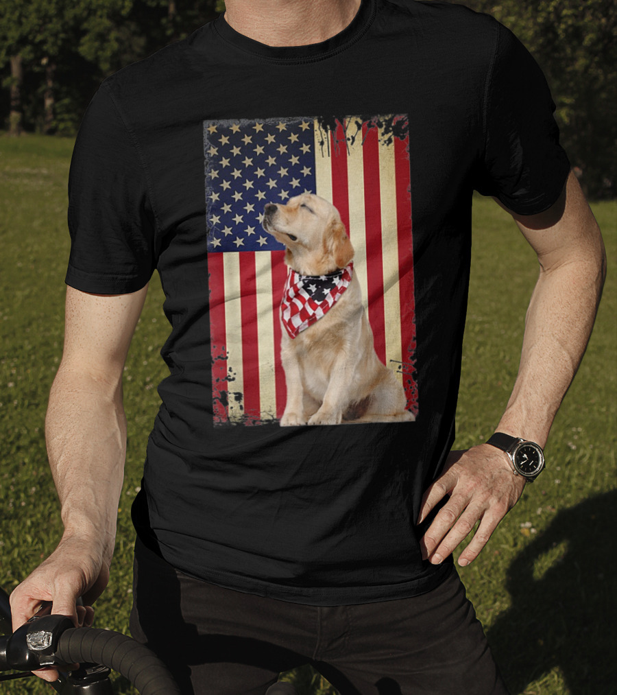 Golden Retriever Smiling American Flag Bandana T-Shirt