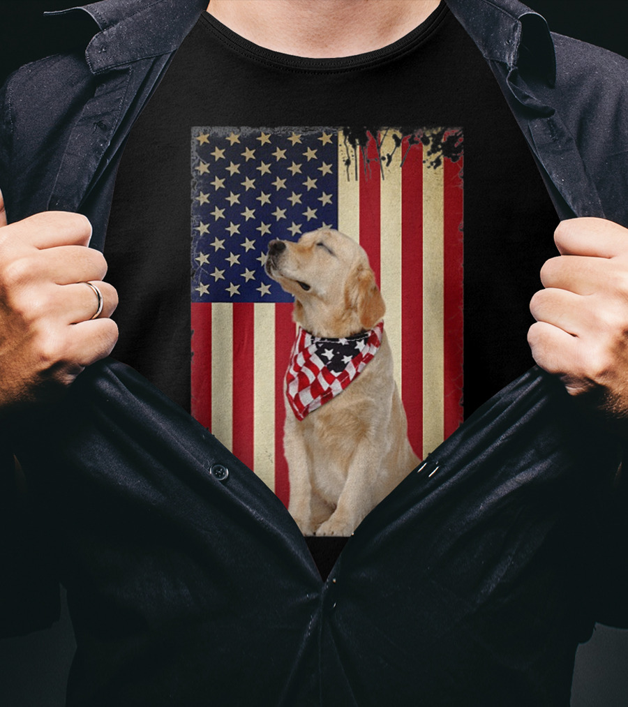 Golden Retriever Smiling American Flag Bandana T-Shirt