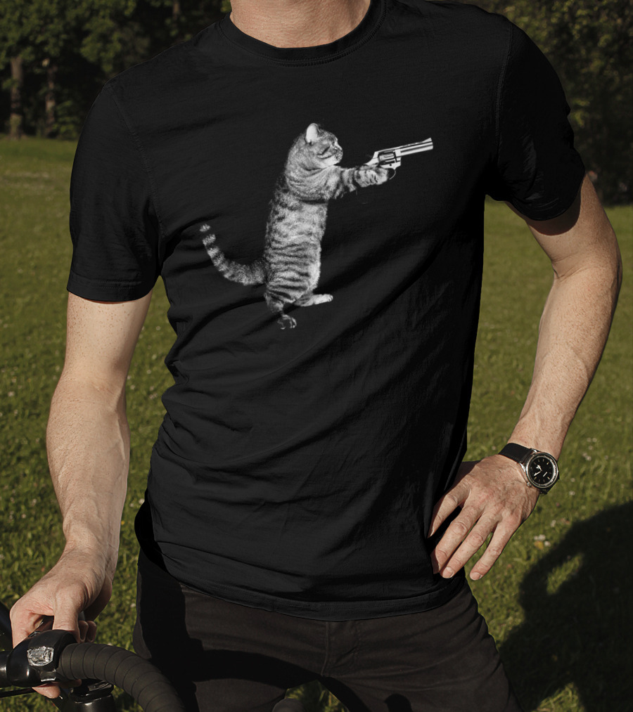 Gun Kitty Funny Cat Holding Revolver T-Shirt