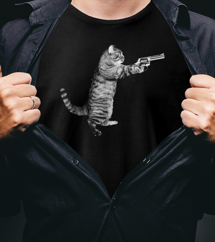 Gun Kitty Funny Cat Holding Revolver T-Shirt