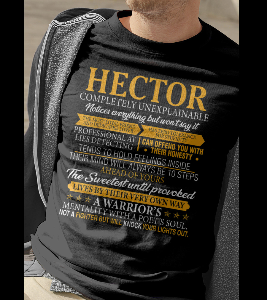 HECTOR Completely Unexplainable Notices Everything Professional Lies Detecting Warrior's Mentality Poet's Soul T-Shirt