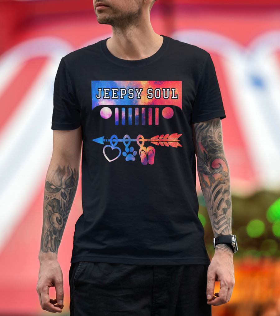 Jeepsy Soul Heart Dog Paw Flip Flops Arrow Jeep Adventure T-Shirt